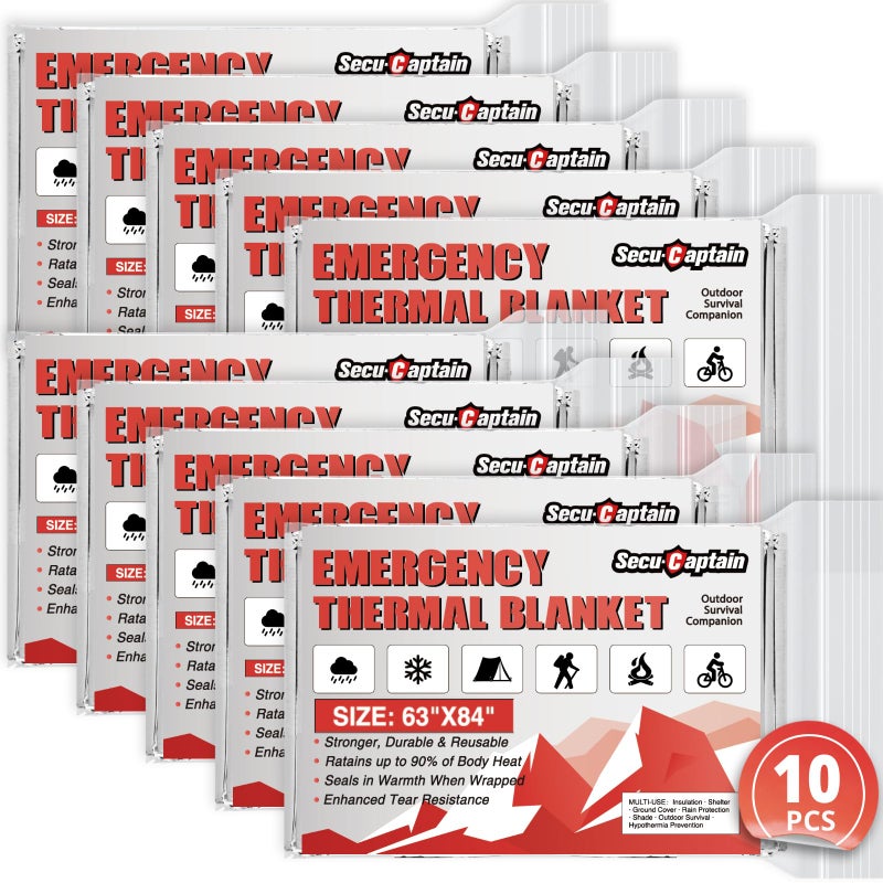 SecuCaptain Survival Emergency Thermal Blankets: Extra Large 84â€ x63â€ Space Mylar Blanket Kit for Outdoor Cold Winter Camping Hiking Car Bug Out Bag or First Aid - 10 Pack - Image 1