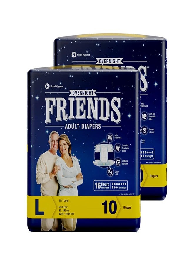 Friends Overnight Adult Diaper L Size Tape | 20 Count (Large) | Waist 32.68 – 59.84 inch | 16 Hrs Protection | Leakproof | Quick & Even Absorption | Unisex | Wetness Indicator| Odour lock | Aloe Vera & Anti-Bacterial Absorbent Core - Image 1