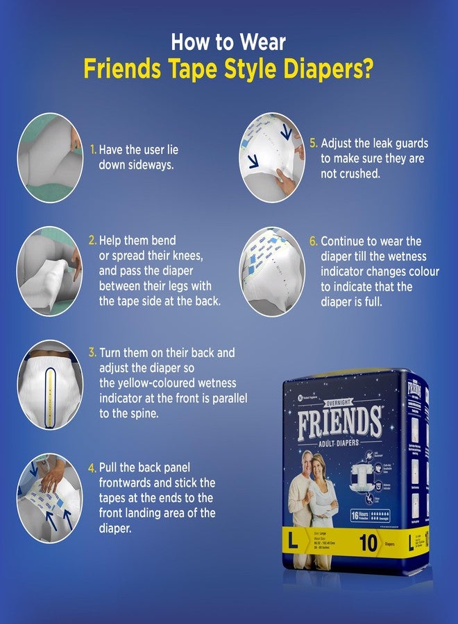 Friends Overnight Adult Diaper L Size Tape | 20 Count (Large) | Waist 32.68 – 59.84 inch | 16 Hrs Protection | Leakproof | Quick & Even Absorption | Unisex | Wetness Indicator| Odour lock | Aloe Vera & Anti-Bacterial Absorbent Core - Image 5