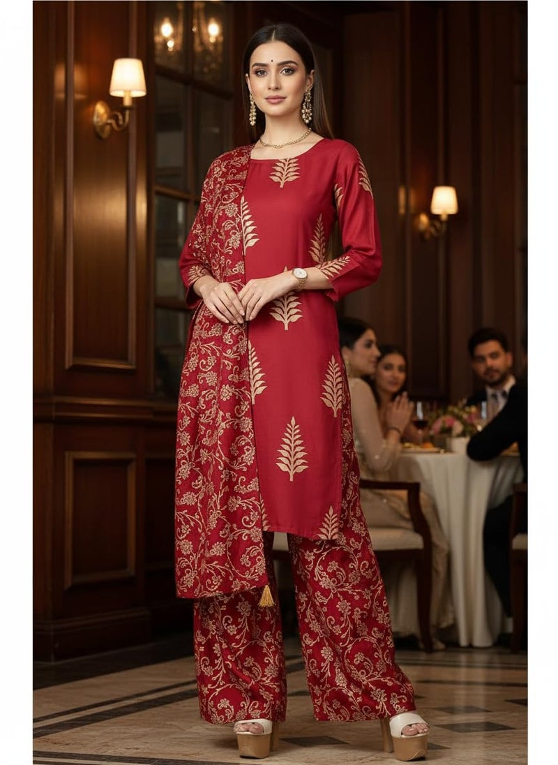 Chandrakala Kurti Palazzo Pant with Dupatta Suit Set for Women Red, X-Large (K176RED4) - Image 2