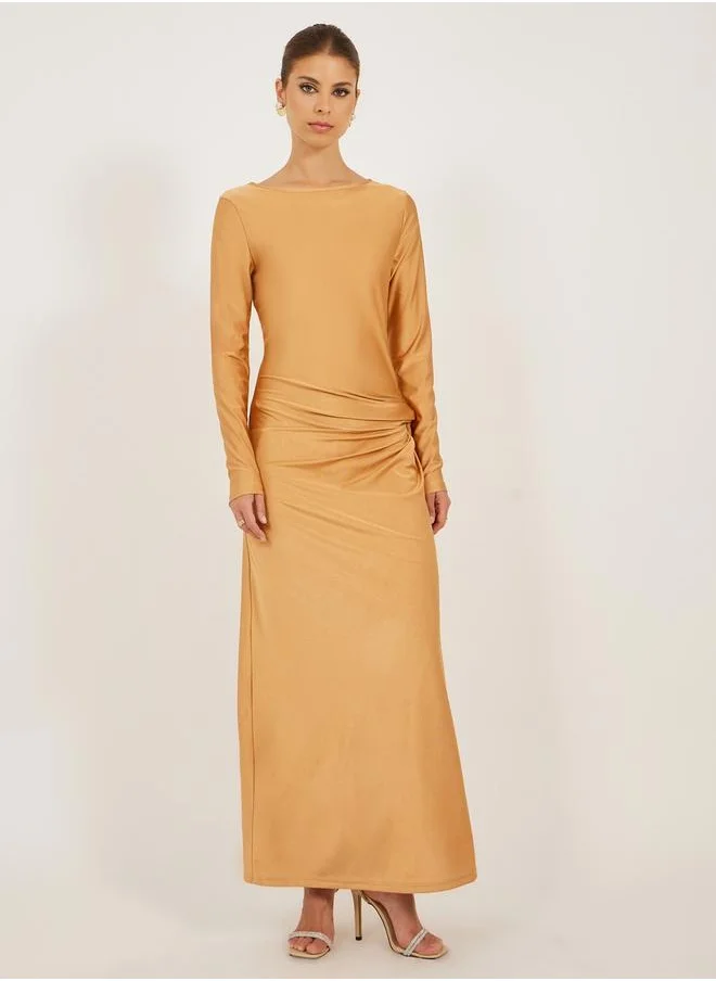 Styli Boat Neck A-Line Maxi Dress with Gathered Detail