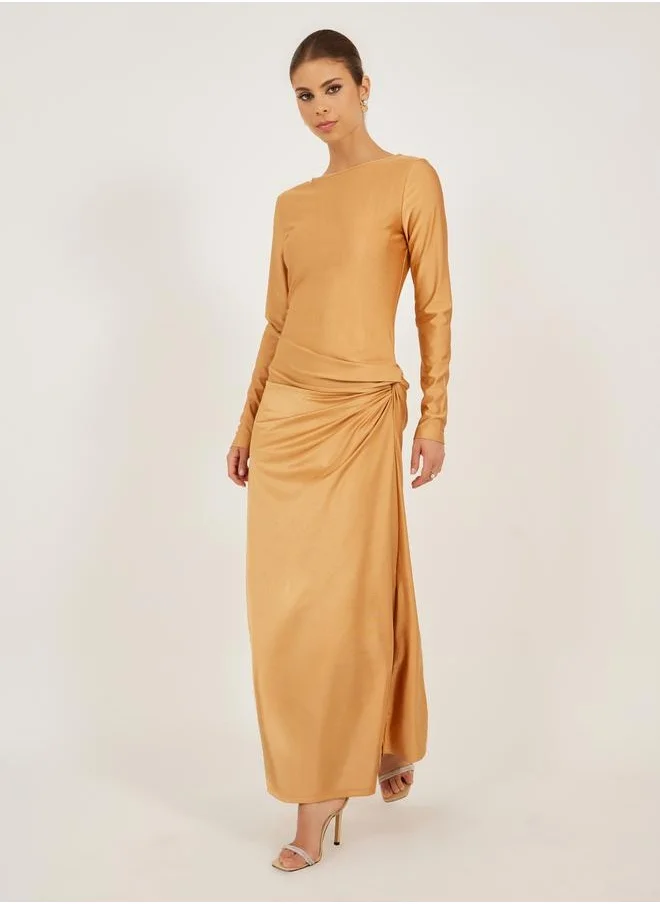 Styli Boat Neck A-Line Maxi Dress with Gathered Detail