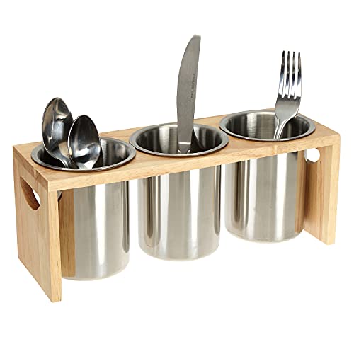ZOOFOX 3 Pack Silverware Holder, Stainless Steel Utensil Organizer with Wood Base, Flatware Caddy for Spoons, Knives and Forks, Great for Kitchen Table, Cabinet, Pantry - Image 1