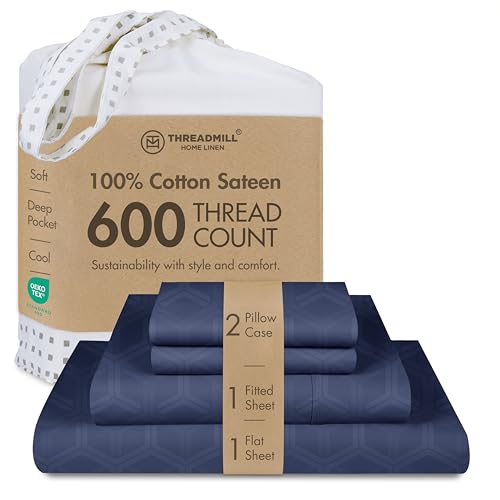 Threadmill 100% Cotton Sheets for Queen Size Bed - 600 Thread Count Queen Bed Sheets Set with 16” Deep Pocket - Jacquard Sateen Weave 4-Piece Bedding Set with Cooling Effect, Folkstone Blue - Image 1