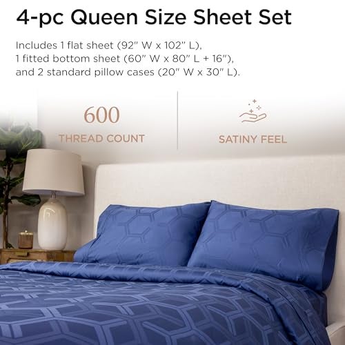 Threadmill 100% Cotton Sheets for Queen Size Bed - 600 Thread Count Queen Bed Sheets Set with 16” Deep Pocket - Jacquard Sateen Weave 4-Piece Bedding Set with Cooling Effect, Folkstone Blue - Image 2