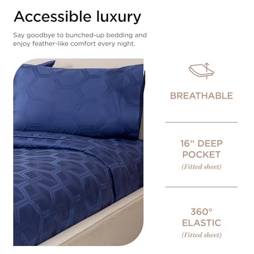 Threadmill 100% Cotton Sheets for Queen Size Bed - 600 Thread Count Queen Bed Sheets Set with 16” Deep Pocket - Jacquard Sateen Weave 4-Piece Bedding Set with Cooling Effect, Folkstone Blue - Image 5