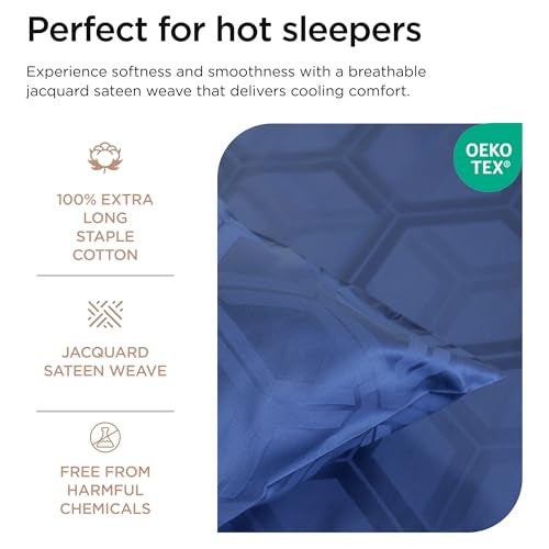 Threadmill 100% Cotton Sheets for Queen Size Bed - 600 Thread Count Queen Bed Sheets Set with 16” Deep Pocket - Jacquard Sateen Weave 4-Piece Bedding Set with Cooling Effect, Folkstone Blue - Image 3