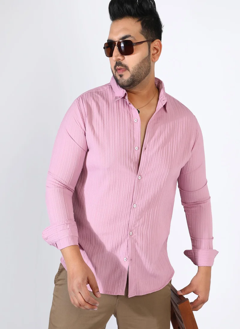 Instafab Plus Men's Salmon Pink Self-Design Striped Shirt