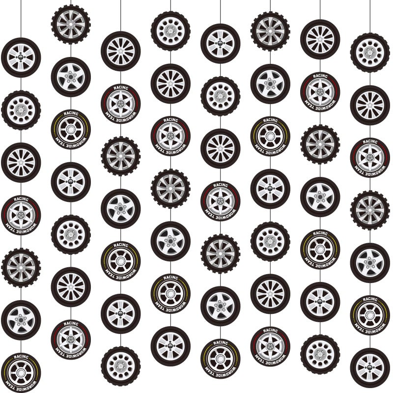 Sinload 8 Pieces Race Car Party Decorations Wheel Tire Garland Banners Car Tyre Paper Cutouts for Racing Birthday Party Favors Classroom Supplies - Image 1