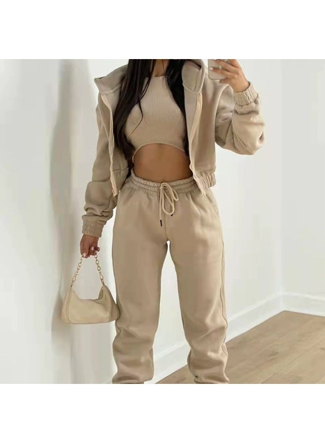 general Women's three-piece long pants with fleece hooded sweatshirt for sporty and casual winter outfit set - Image 1
