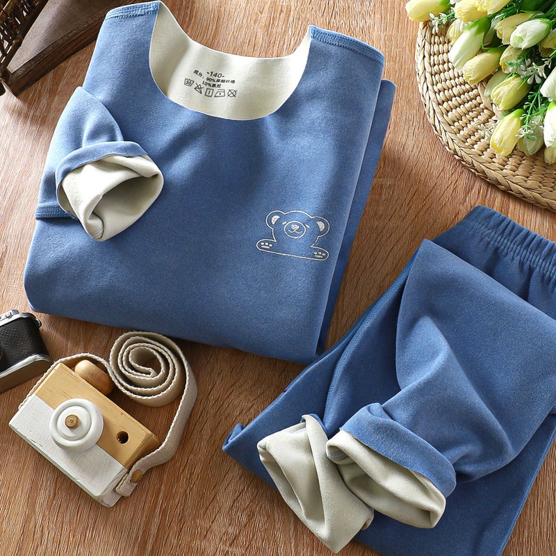 Children''s Traceless Thermal Underwear Set Shake Tone Big Children''s De AB Face Double-sided Sanding Autumn Clothes and Pants Velvet - Image 1