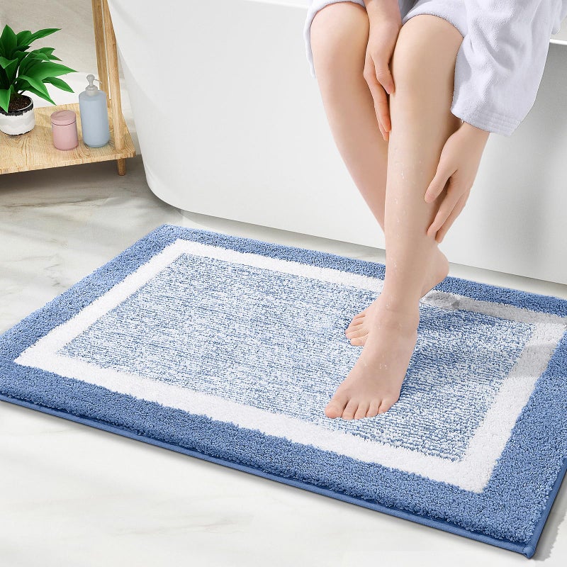 OLANLY Bathroom Rugs 24x16  Extra Soft and Absorbent Microfiber Bath Mat  Non-Slip  Machine Washable  Quick Dry Shaggy Bath Carpet  Suitable for Bathroom Floor  Tub  Shower (Blue and White)