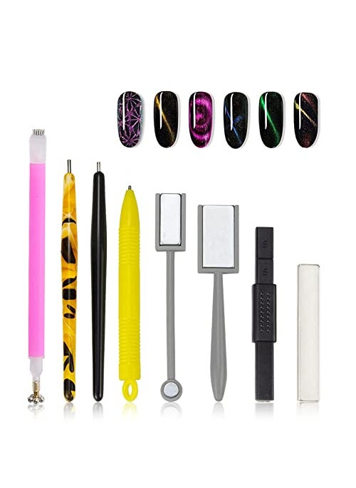 Ideal Swan 8 Pieces Nail Magnet Tool Set, Double-head Flower Design Nail Magnet Pens Magnet Stick 3D Magnetic Cat Eye Gel Polish Nail Art, for DIY 3d Magnetic, Salon, Studio or Home 