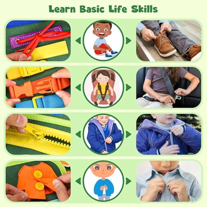 BUSY BOARD MONTESSORI TOY - MOTOR SKILLS BOARD & SENSORY ACTIVITY BOARD FOR TODDLERS - TRAVEL TOY FOR CAR/PLANE QUIET BOOK - GIFT FOR BOYS & GIRLS (GREEN) - Image 5