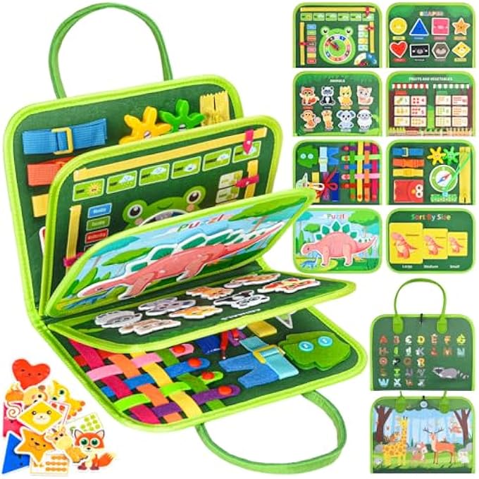 BUSY BOARD MONTESSORI TOY - MOTOR SKILLS BOARD & SENSORY ACTIVITY BOARD FOR TODDLERS - TRAVEL TOY FOR CAR/PLANE QUIET BOOK - GIFT FOR BOYS & GIRLS (GREEN) - Image 1