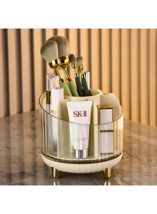 تُظهر الصورة حامل فرش مكياج دوارًا بزاوية 360 درجة بغطاء شفاف مقاوم للغبار. صُمم هذا المنظم لتخزين مستحضرات التجميل المتنوعة، مثل الفرش، وأقلام تحديد العيون، وأحمر الشفاه، بكفاءة. - Image 2