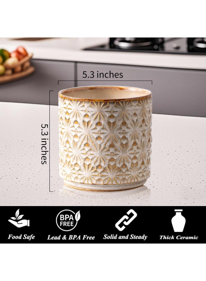 Rustic Farmhouse Ceramic Utensil Holder, 5.3" Handcrafted Kitchen Crock with Cork Base - Image 5