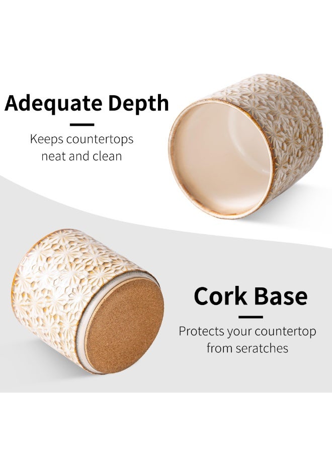 Rustic Farmhouse Ceramic Utensil Holder, 5.3" Handcrafted Kitchen Crock with Cork Base - Image 3