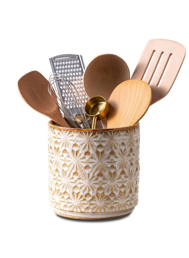 Rustic Farmhouse Ceramic Utensil Holder, 5.3" Handcrafted Kitchen Crock with Cork Base - Image 1