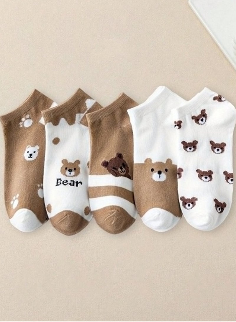 مجموعة جوارب قصيرة بتصميم الدب – 5 أزواج مريحة وأنيقة للاستخدام اليومي - Image 1