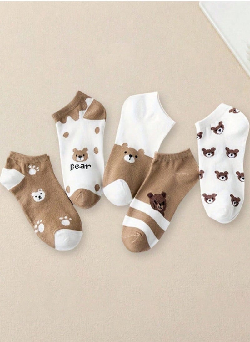 مجموعة جوارب قصيرة بتصميم الدب – 5 أزواج مريحة وأنيقة للاستخدام اليومي - Image 2