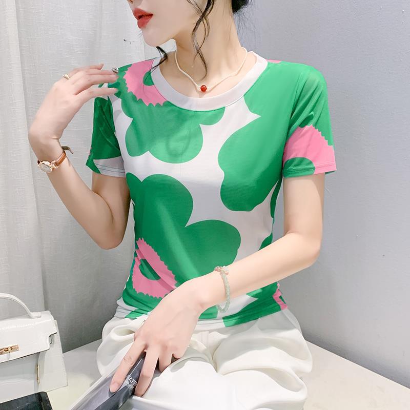 Round Neck High Elastic Mesh T-Shirt For Women 2024 Summer Pattern Printing Fashionable Elegant Short-Sleeved Fashionable Slim Bottoming Shirt - Image 2