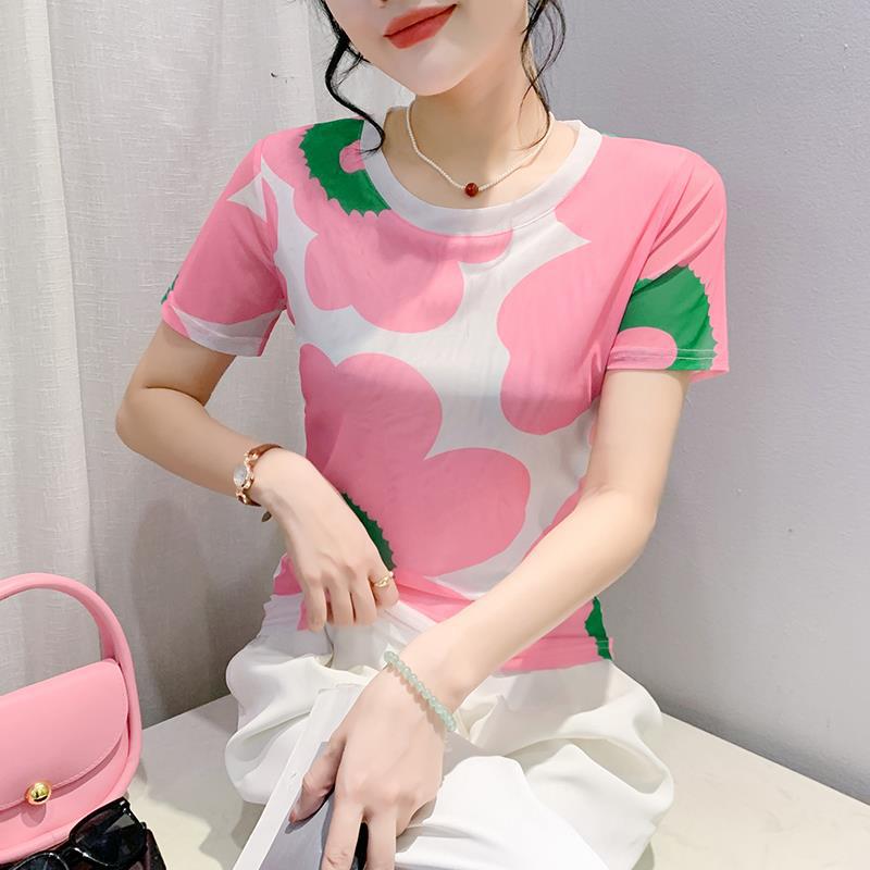 Round Neck High Elastic Mesh T-Shirt For Women 2024 Summer Pattern Printing Fashionable Elegant Short-Sleeved Fashionable Slim Bottoming Shirt - Image 1