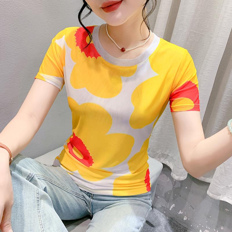 Round Neck High Elastic Mesh T-Shirt For Women 2024 Summer Pattern Printing Fashionable Elegant Short-Sleeved Fashionable Slim Bottoming Shirt - Image 3
