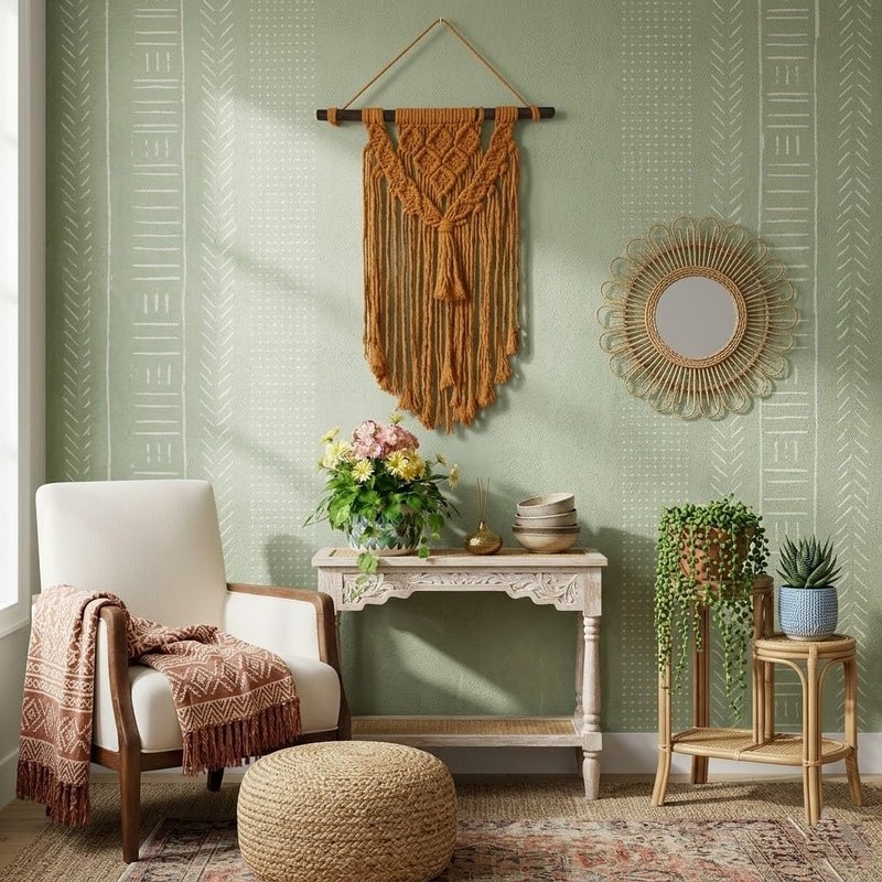 Handcrafted Macrame Wall Hanging, Cotton Woven Tapestry, 40x60 cm, Boho Home Decor with Wooden Rod (Orange) - Image 1