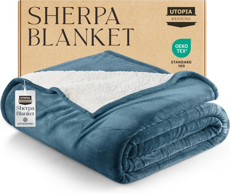 Utopia Bedding Sherpa Blanket Twin Size Stone Blue 90x66 Inches  Soft Lightweight Plush Fleece Reversible Blanket for Bed Sofa Couch Camping and Travel