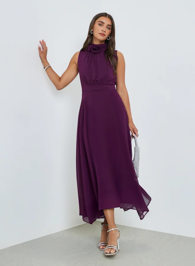 Styli Purple Corsage Detail Maxi Evening Dress