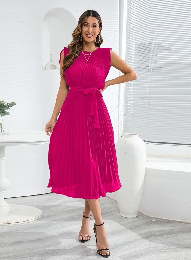 Loquat Summer Fashion New Lotus Leaf Sleeve Solid Color Pleated Dress  - Image 1