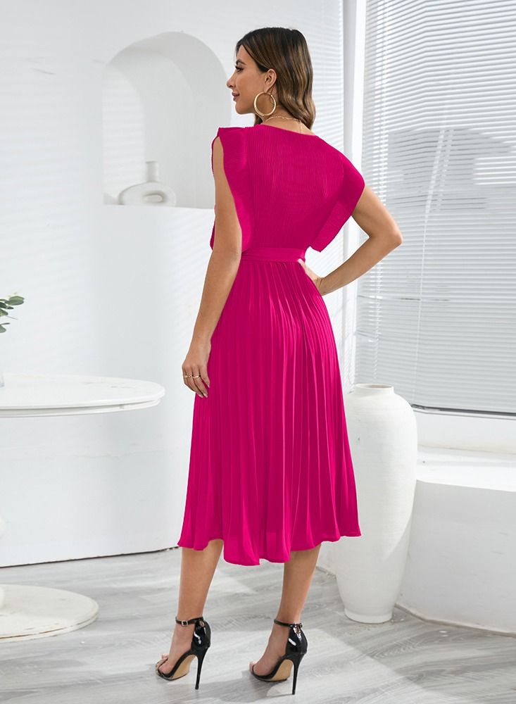 Loquat Summer Fashion New Lotus Leaf Sleeve Solid Color Pleated Dress  - Image 3