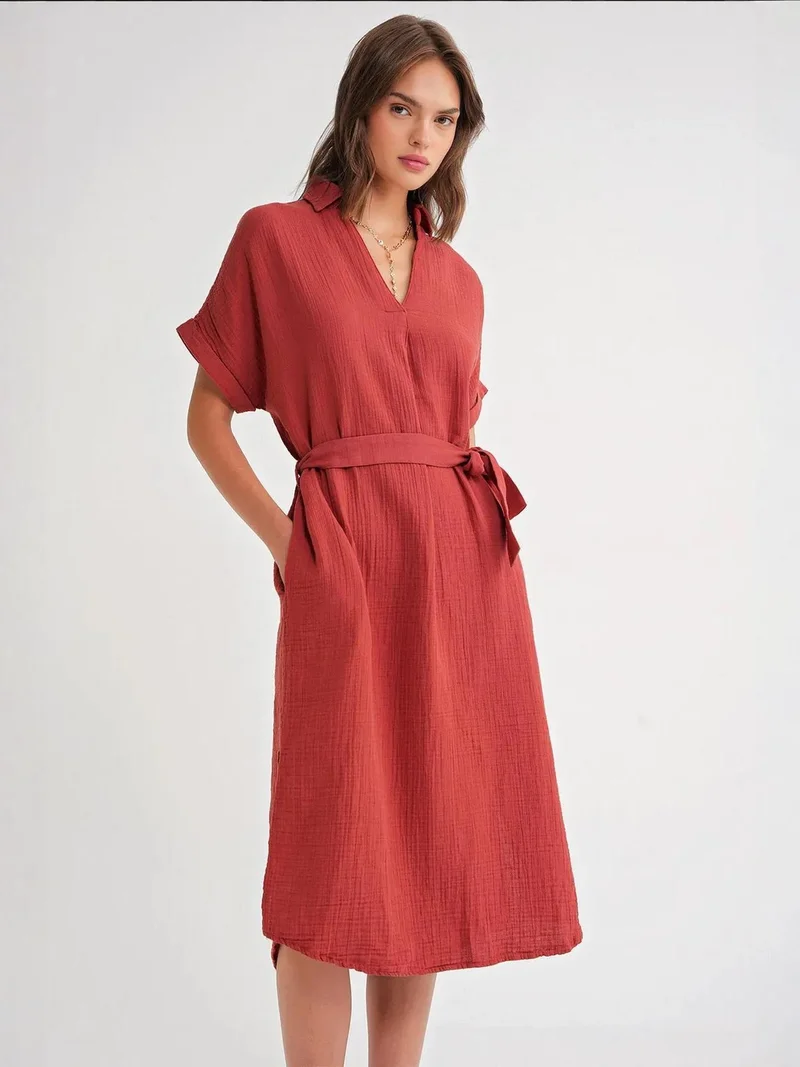 MixRay Brick Red Mixray Belted Short-Sleeve Midi Dress for Women | Best Price UAE
