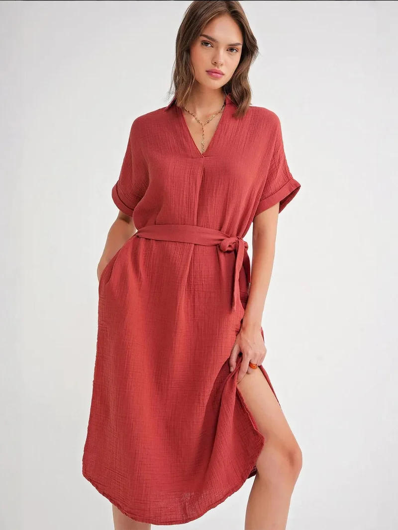 MixRay Brick Red Mixray Belted Short-Sleeve Midi Dress for Women | Best Price UAE