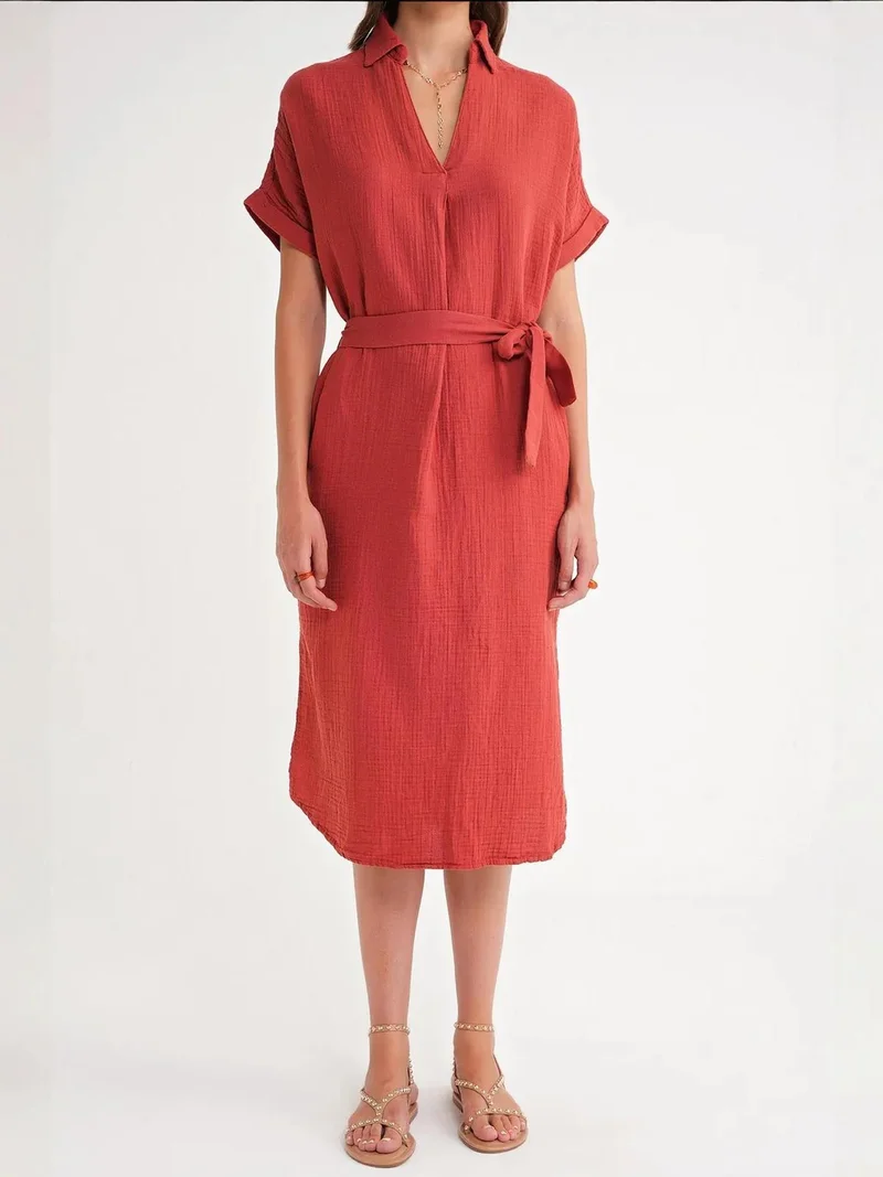 MixRay Brick Red Mixray Belted Short-Sleeve Midi Dress for Women | Best Price UAE