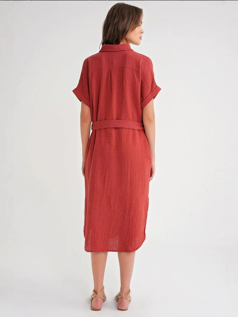 MixRay Brick Red Mixray Belted Short-Sleeve Midi Dress for Women | Best Price UAE