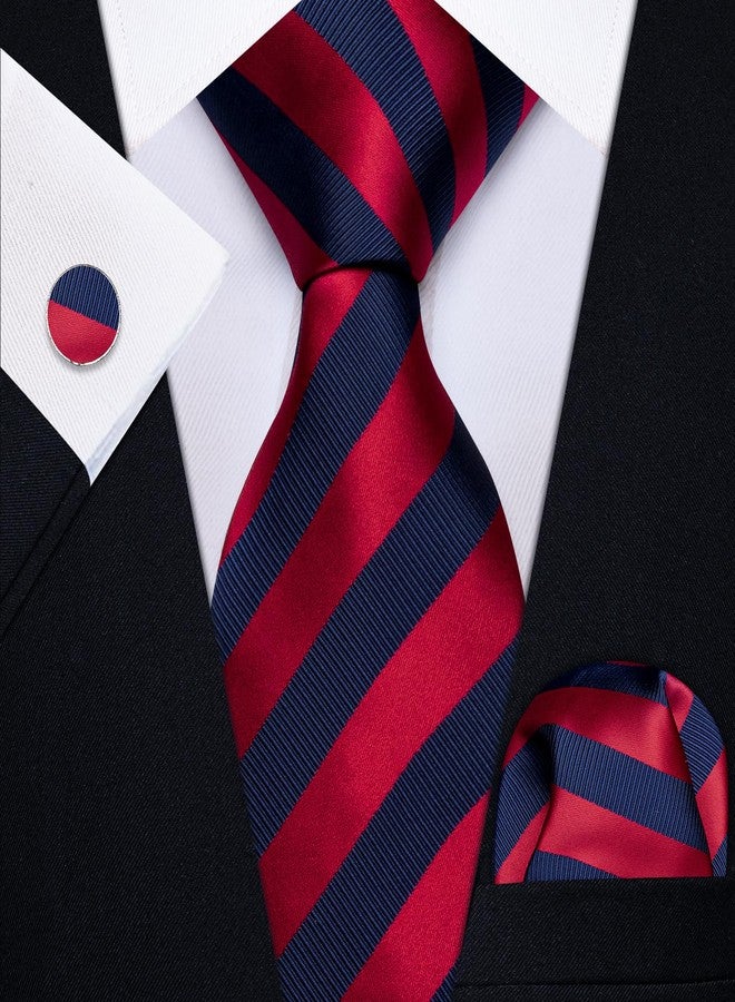 YourTies Striped Ties for Men Classic Woven Silk Necktie with Handkerchief Cufflinks Set Formal Business Party Wedding, A Red Blue Striped, One size - Image 2