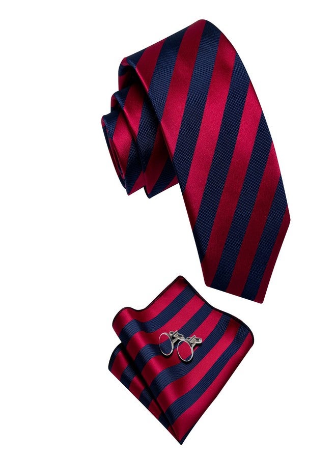 YourTies Striped Ties for Men Classic Woven Silk Necktie with Handkerchief Cufflinks Set Formal Business Party Wedding, A Red Blue Striped, One size - Image 4