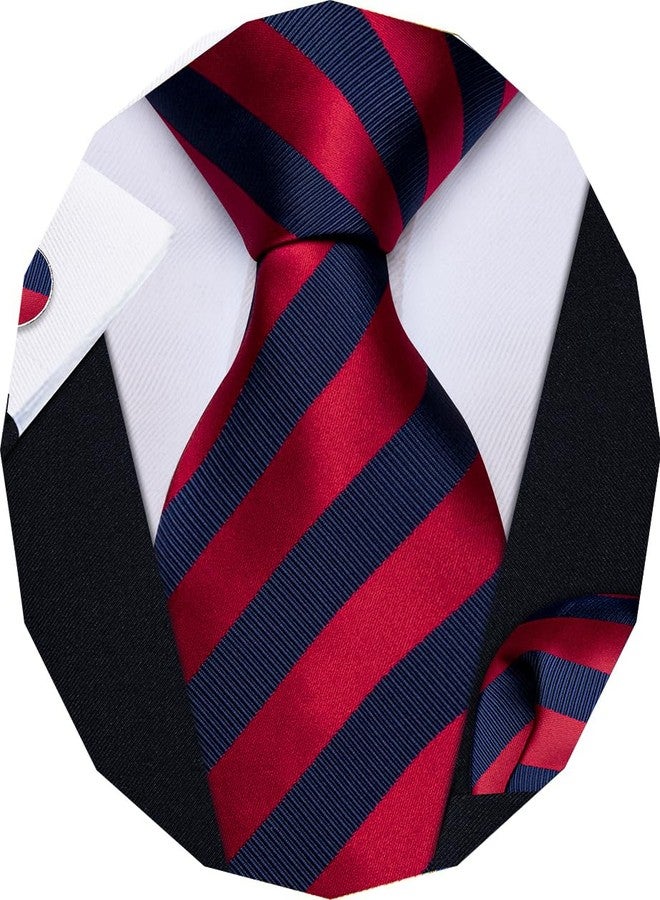 YourTies Striped Ties for Men Classic Woven Silk Necktie with Handkerchief Cufflinks Set Formal Business Party Wedding, A Red Blue Striped, One size - Image 1