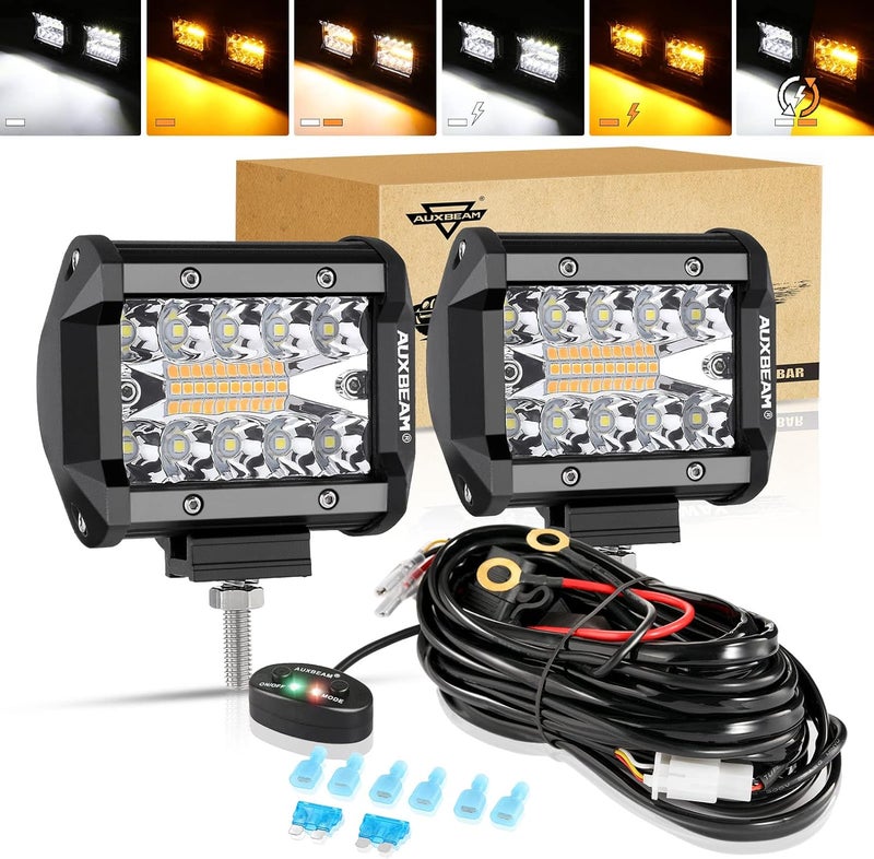 أوكسبيم مصابيح أوكسيم الأمامية LED مقاس 4 بوصة، 120 واط 12000 لومن، مزيج شعاع مركز/منتشر ثلاثي الصفوف لشريط الإضاءة الريفي، 6 أوضاع، لون مزدوج (أصفر/أبيض)، مصاب��ح ضباب مساعدة وامضة للشاحنات، SUV، ATV، UTV، جيب، قطعتين. - Image 1