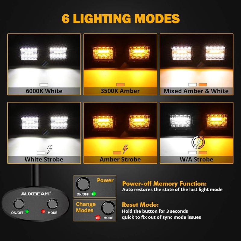 أوكسبيم مصابيح أوكسيم الأمامية LED مقاس 4 بوصة، 120 واط 12000 لومن، مزيج شعاع مركز/منتشر ثلاثي الصفوف لشريط الإضاءة الريفي، 6 أوضاع، لون مزدوج (أصفر/أبيض)، مصاب��ح ضباب مساعدة وامضة للشاحنات، SUV، ATV، UTV، جيب، قطعتين. - Image 2