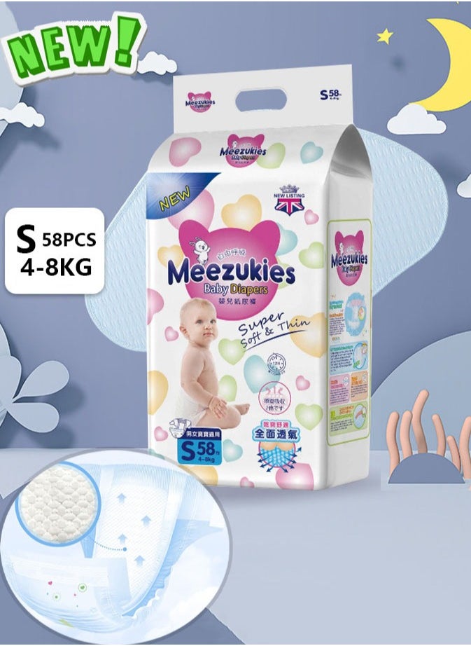 Baby Comfort Fit Pants Diapers, S Suitable for babies 4-8 Kg, 58 Diapers  Instant Absorption Core Carefully chosen breathable base film  - Image 1