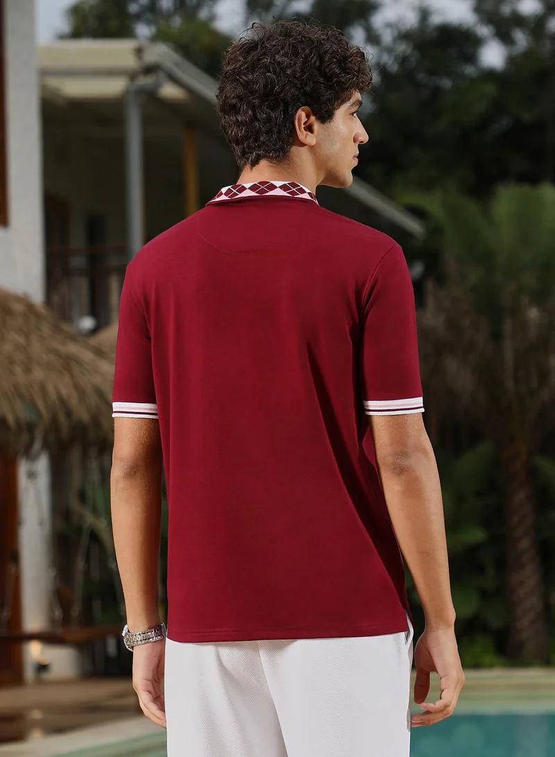 Campus Sutra Campus Sutra Men Block Argyle-Knit Polo T-Shirt | Jacquard Polo Neck Short Tipping Cuffed Sleeves | Half-Button Closure | Colourblock Plain | Knitted Fabric For Casual & Daily Wear | Wine Red