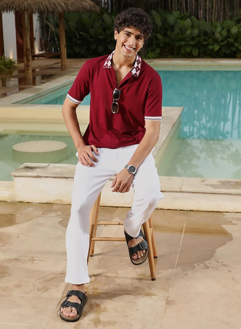 Campus Sutra Campus Sutra Men Block Argyle-Knit Polo T-Shirt | Jacquard Polo Neck Short Tipping Cuffed Sleeves | Half-Button Closure | Colourblock Plain | Knitted Fabric For Casual & Daily Wear | Wine Red