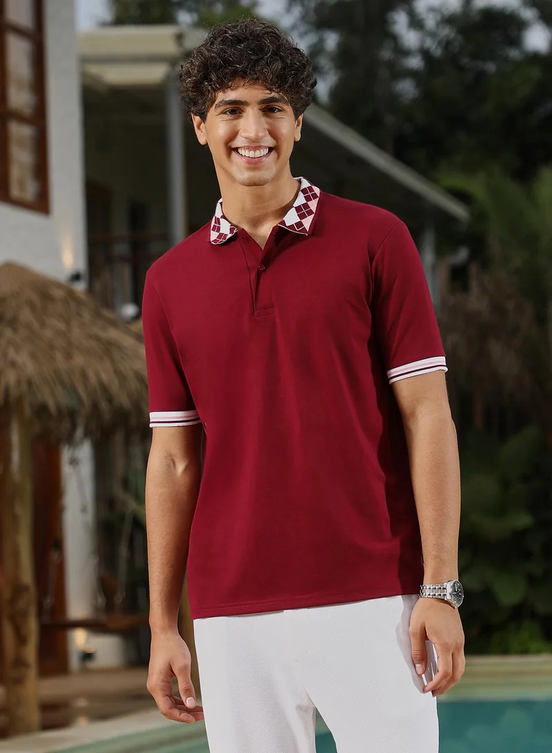 Campus Sutra Campus Sutra Men Block Argyle-Knit Polo T-Shirt | Jacquard Polo Neck Short Tipping Cuffed Sleeves | Half-Button Closure | Colourblock Plain | Knitted Fabric For Casual & Daily Wear | Wine Red