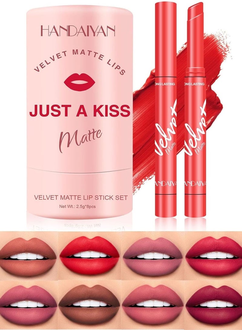 هاندايان مجموعة أحمر شفاه سائل غير لامع 8 ألوان تدوم طويلاً، مقاومة للماء للنساء، صبغة مخملية عالية الصبغة، فائقة النعومة، مرطبة وخفيفة الوزن، مجموعة هدايا مكياج الشفاه المرطبة الاحترافية - Image 1