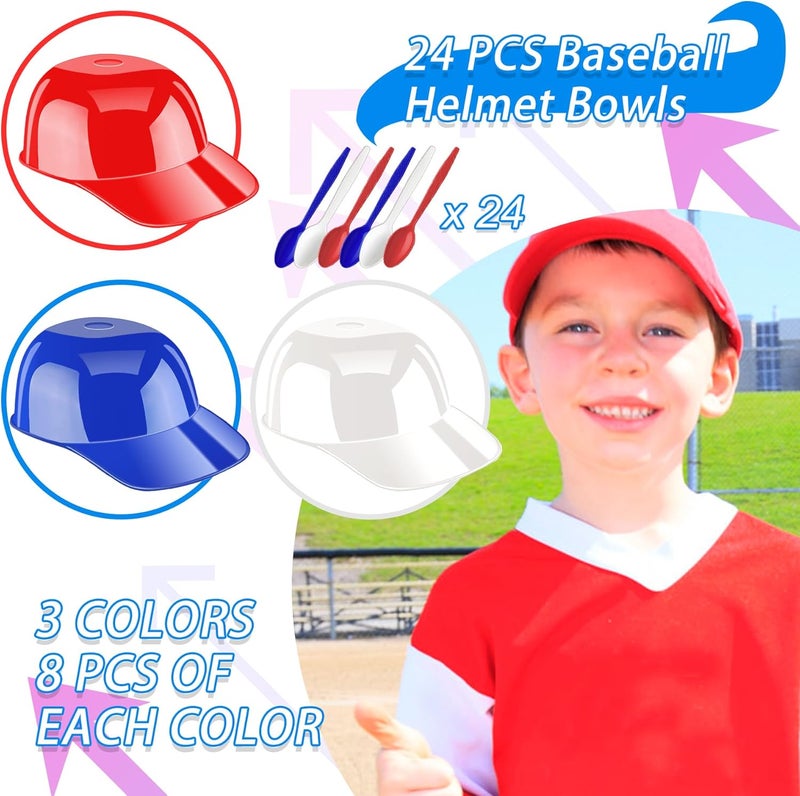 Tendiren 24 Pack Mini Baseball Helmet Ice Cream Bowls 8 oz Helmets Plastic Baseball Snack Cups Kids Helmet Bowls with 24 Dessert Spoons for Birthday Party Supplies Red Blue and White - Image 5