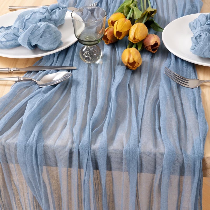 MLMC Dusty Blue Table Runner 10ft Boho Gauze Cheesecloth Table Runner 35x120 Inches Rustic Cheese Cloth for Wedding Bridal Shower Baby Shower Party Decor