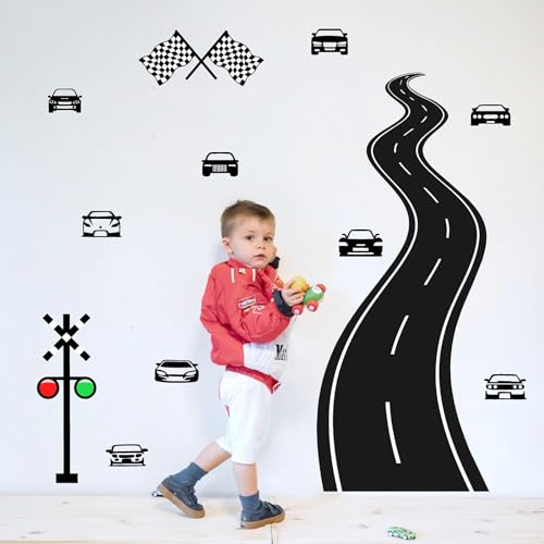 THEYGE Large Road Wall Sticker Road Sign Peel and Stick Wall Decals Race Car Wall Stickers Removable Track Highway Vinyl Stickers Traffic Cars Sport Wall Decals for Kids Room Boys Bedroom Decor - Image 1